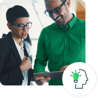 Two colleagues having a conversation with tablet and lightbulb idea icon