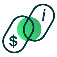 two papers with a dollar sign and the letter i are linked in the middle icon